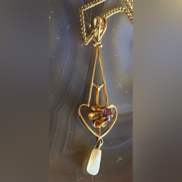 Antique Victorian Edwardian 10K Yellow Gold Lavaliere & Chain Gem Pearl Stamped - Picture 11 of 16